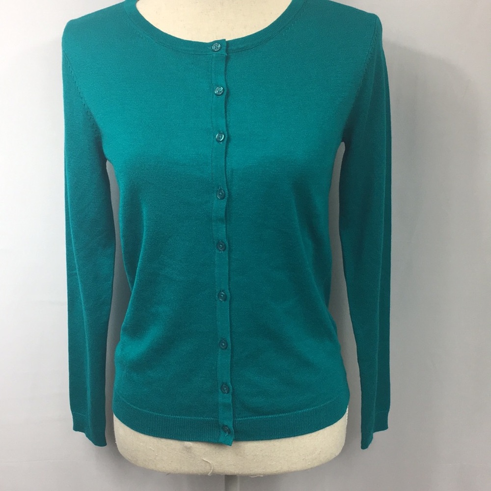NWT Joan Vass teal cardigan sweater.